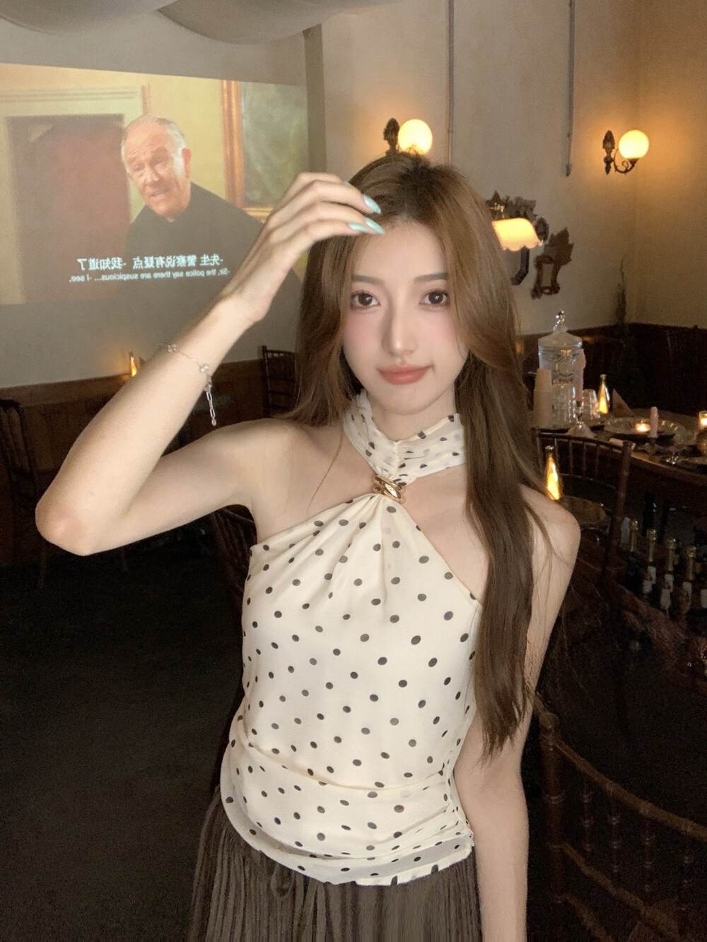 显瘦纸片人法式复古花纹修身显瘦设计感金属 Polka Dot Halter Neck Top 