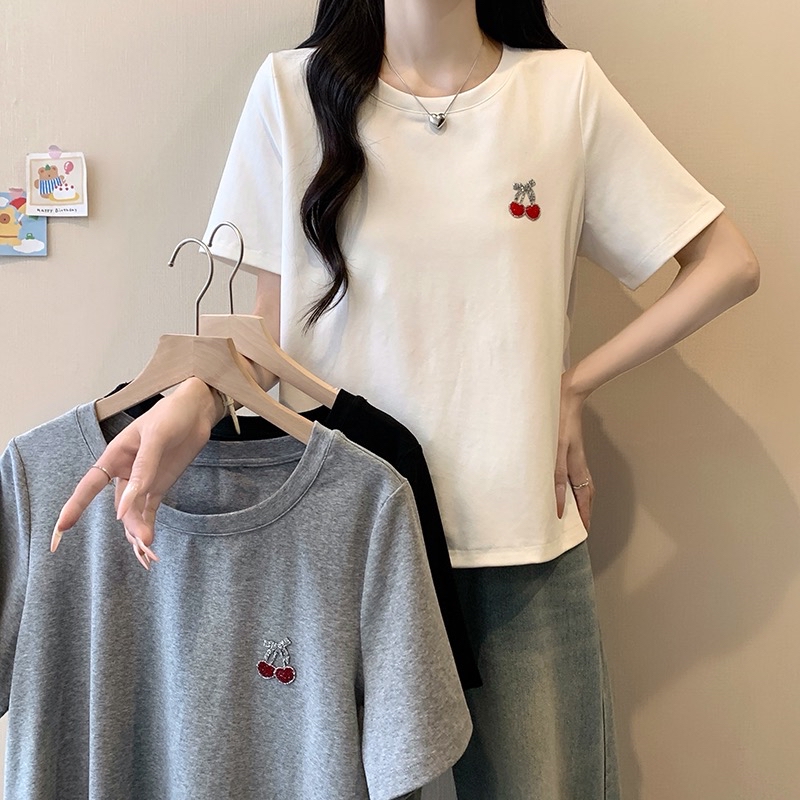 B123(3985) 韩系圆领短袖小烫钻樱桃3色上衣