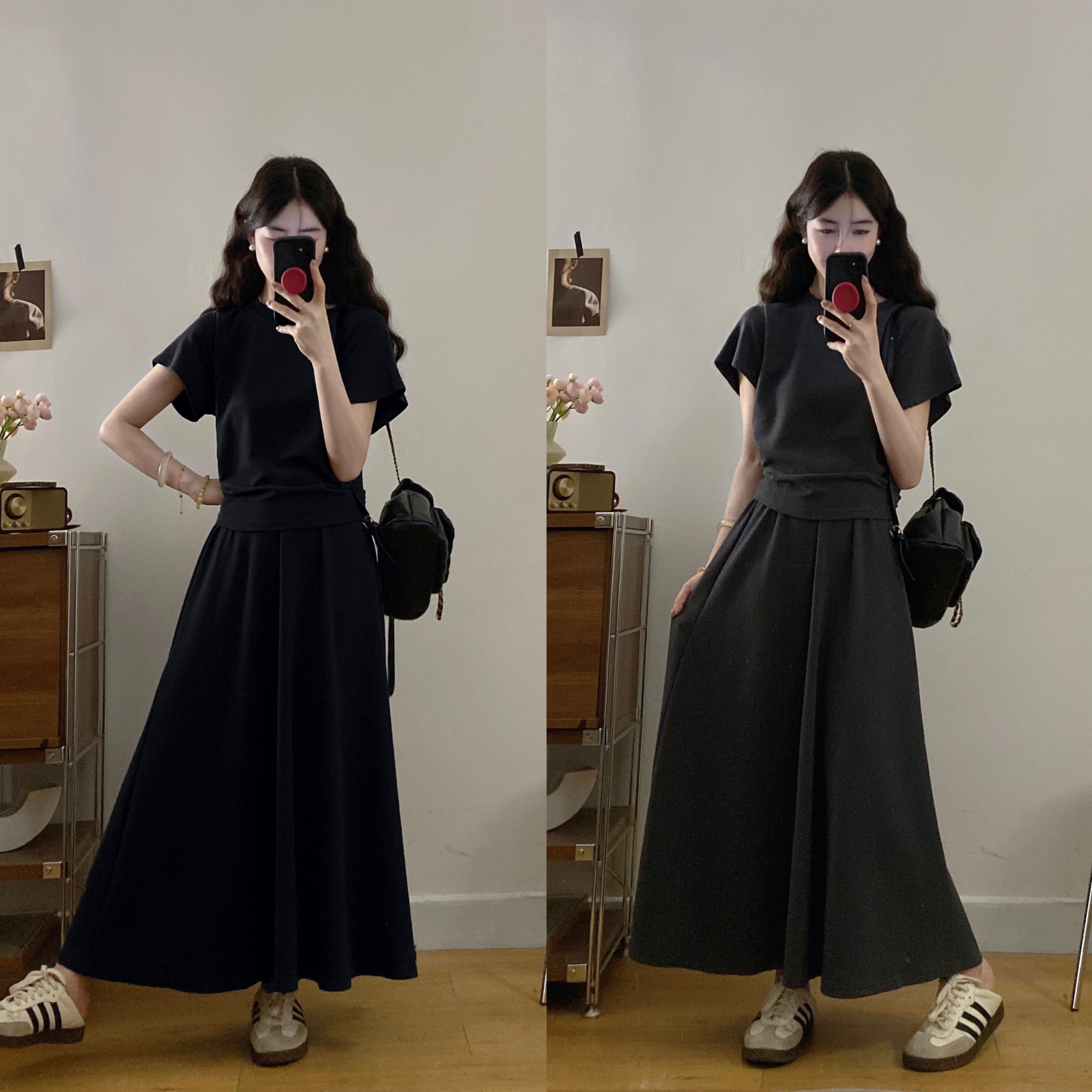 B152(6660) 韩版休闲风后弧形系带露腰上衣与长裙黑灰套装