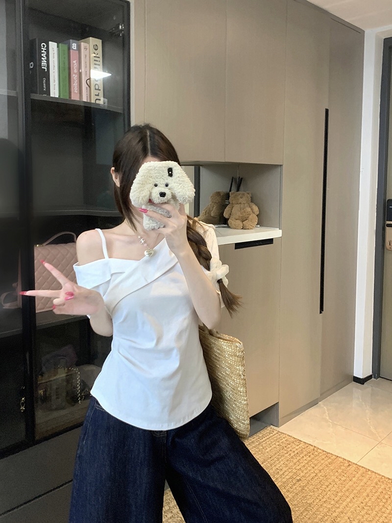 B133(A1813) 韩系爆款纯欲风交叉折边领单边露肩吊带5色上衣