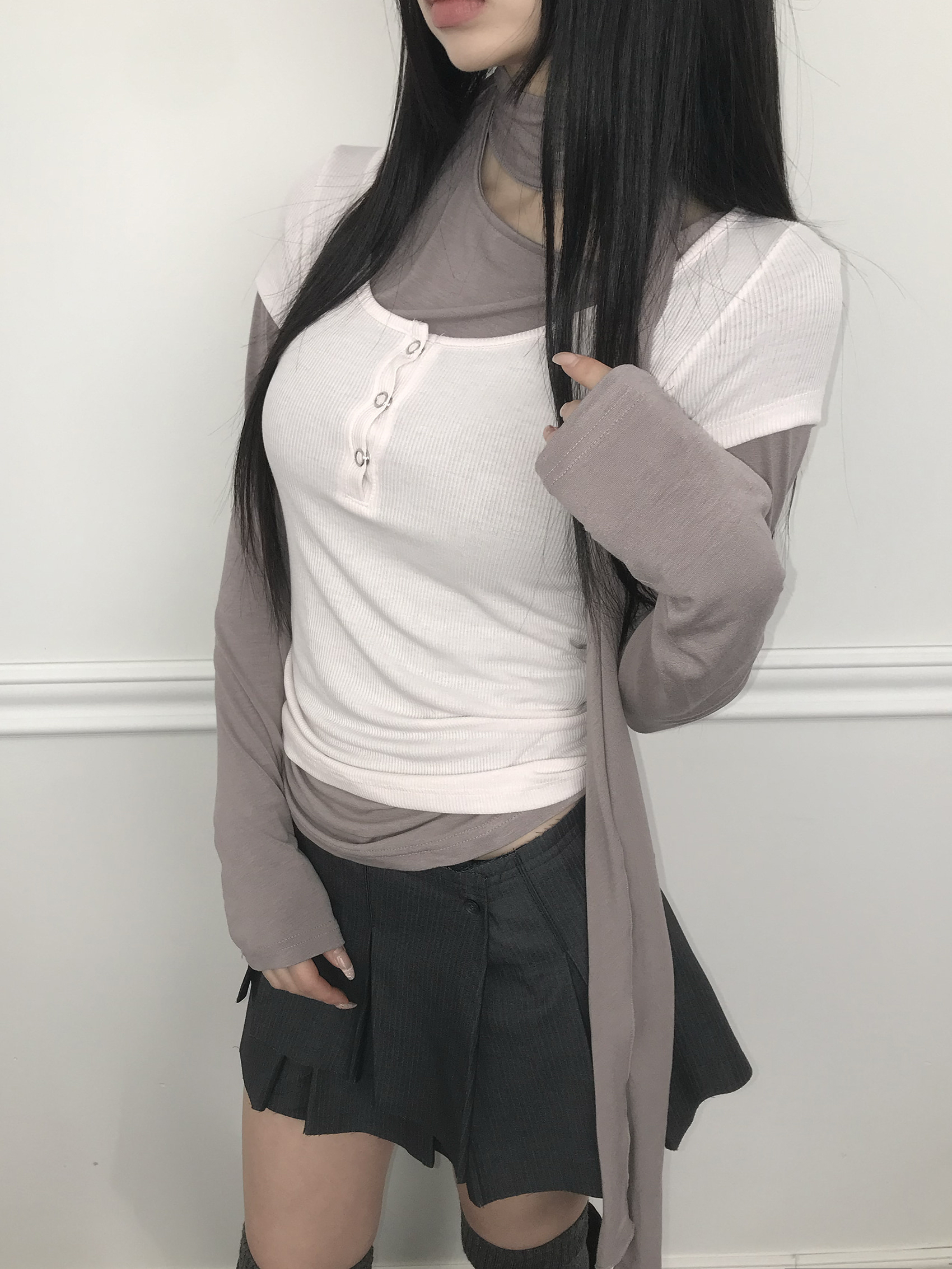 Ruched Button Long Sleeve with Scarf Tie