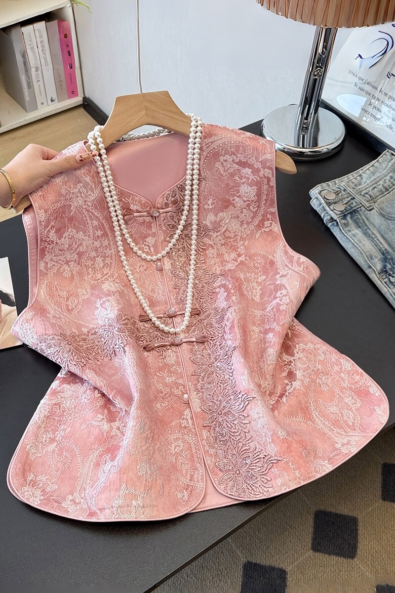 B58(0166) 新中式民族风重工提花横直刺绣蕾丝花粉黄马甲上衣 