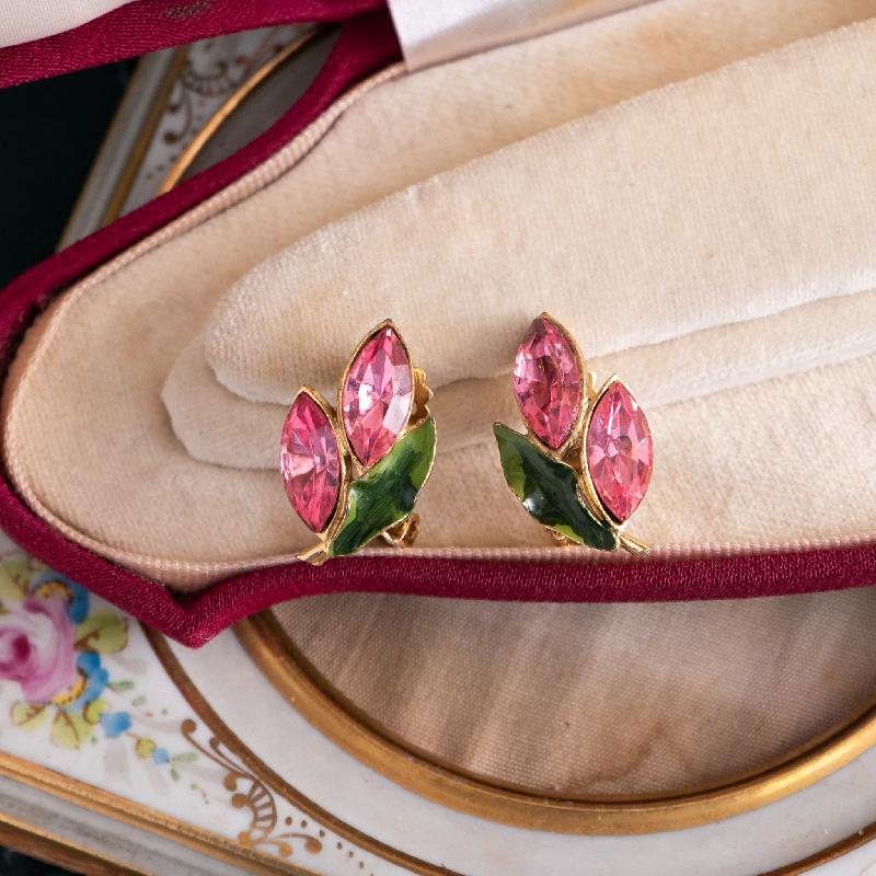 C.a. 1960s American Vintage Pink Sparkling Floral Brooch and Clip Earrings Jewelry Set (MT1385)