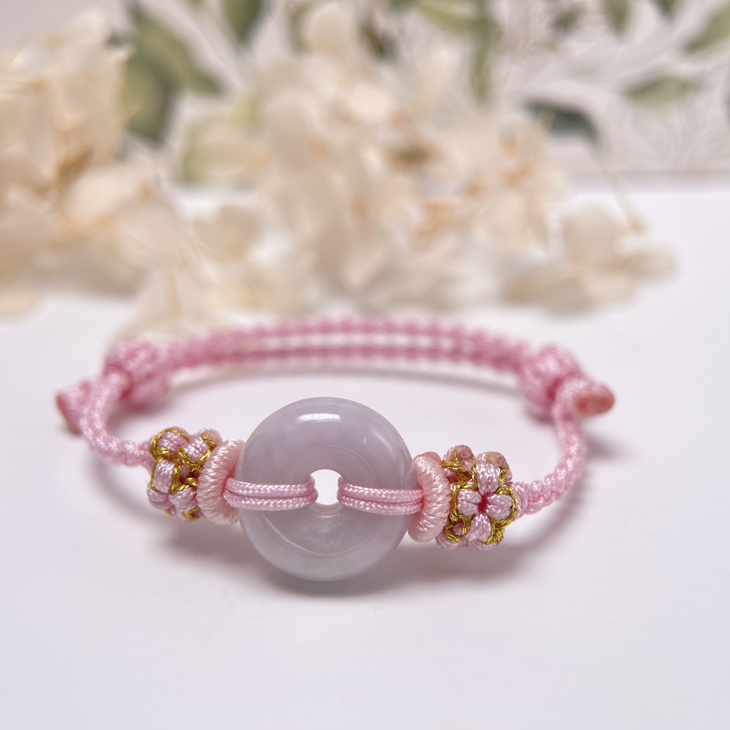 JN-12578 天然翡翠A玉 淡紫色平安扣BB滿月/親子/情侶手繩（私人訂制）