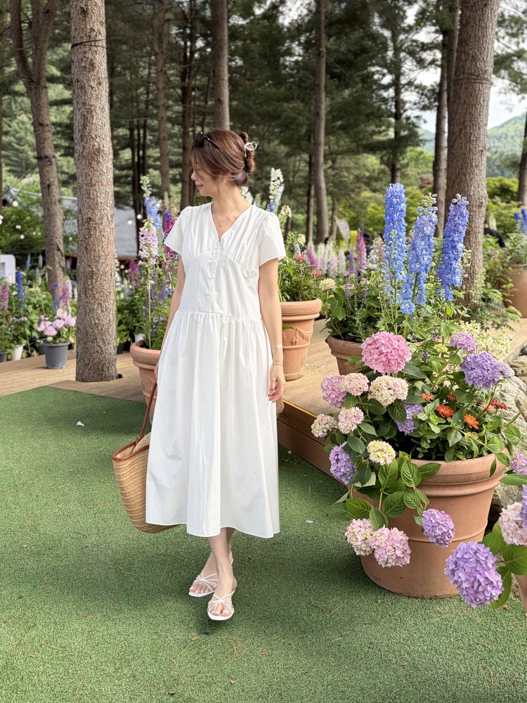 Airy Button Front Long Dress (White)