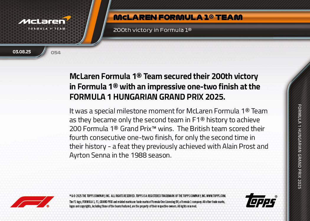 McLaren Formula 1 Team - 2025 F1 Topps NOW® #54 Hungarian GP 第200勝紀念卡｜PR 3,428