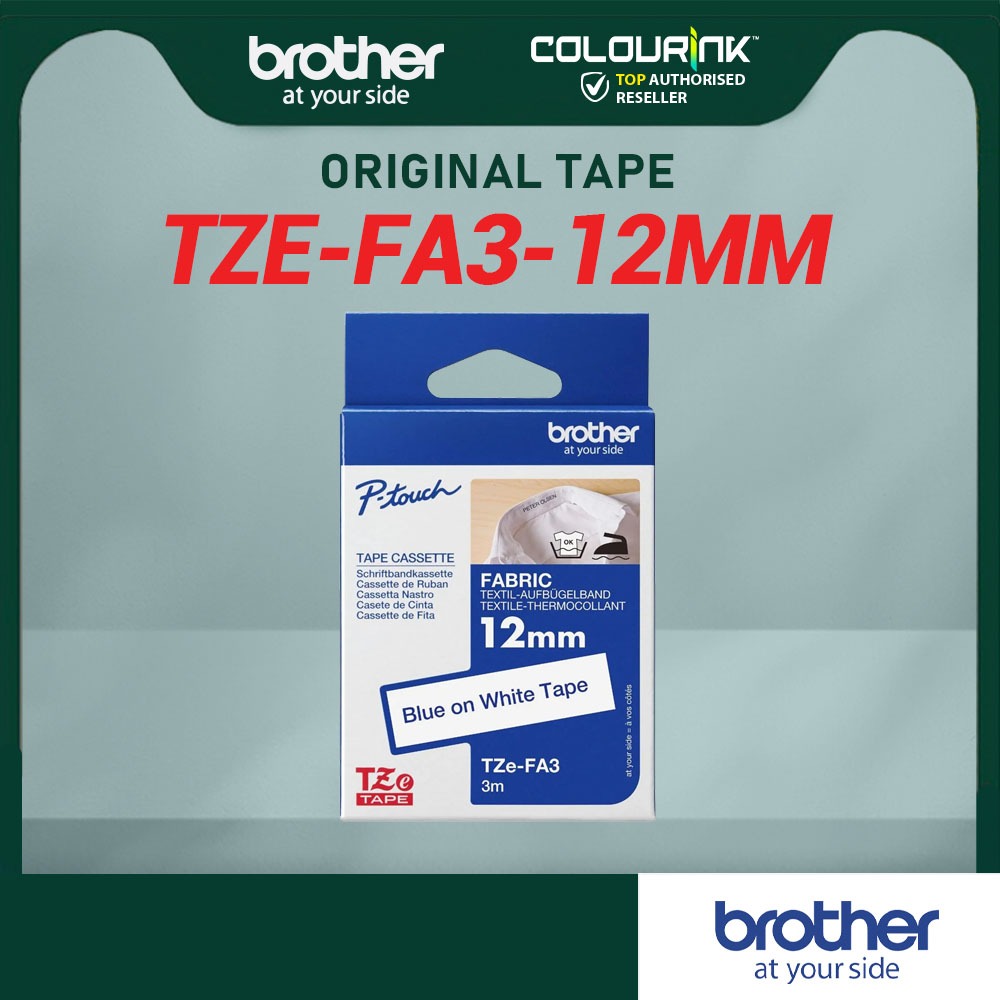 Brother Original TZe-FA3 12mm Blue on White Tape Label Fabric Tape (iron on)