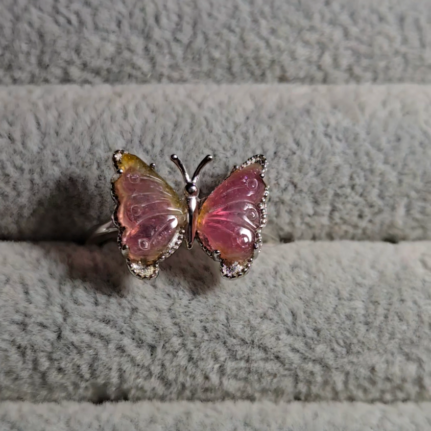 Candy tourmaline butterfly ring, adjustable sterling silver (B) - TR279