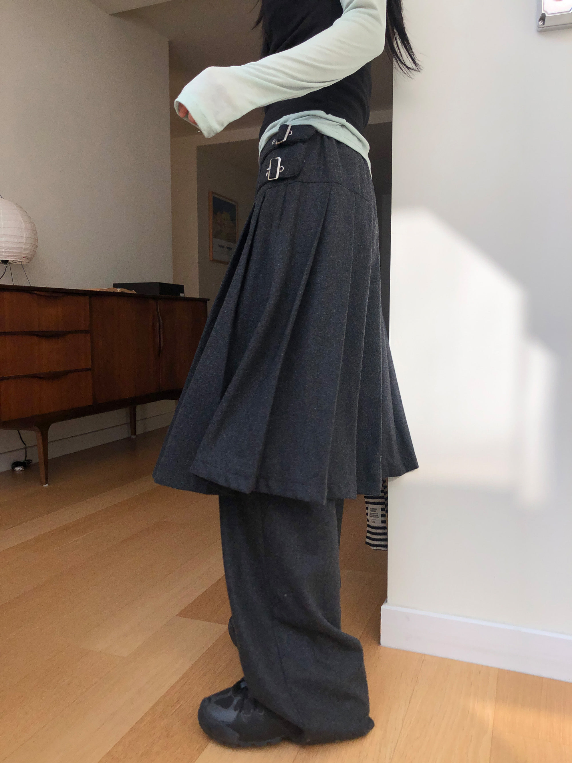 Pleated Layered Buckle Skirt Pants