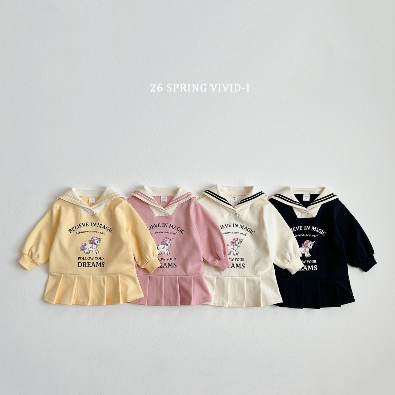 🌸預訂 韓國直送🌸🇰🇷VIVIDI四色水手領獨角獸印花長袖百摺連身裙