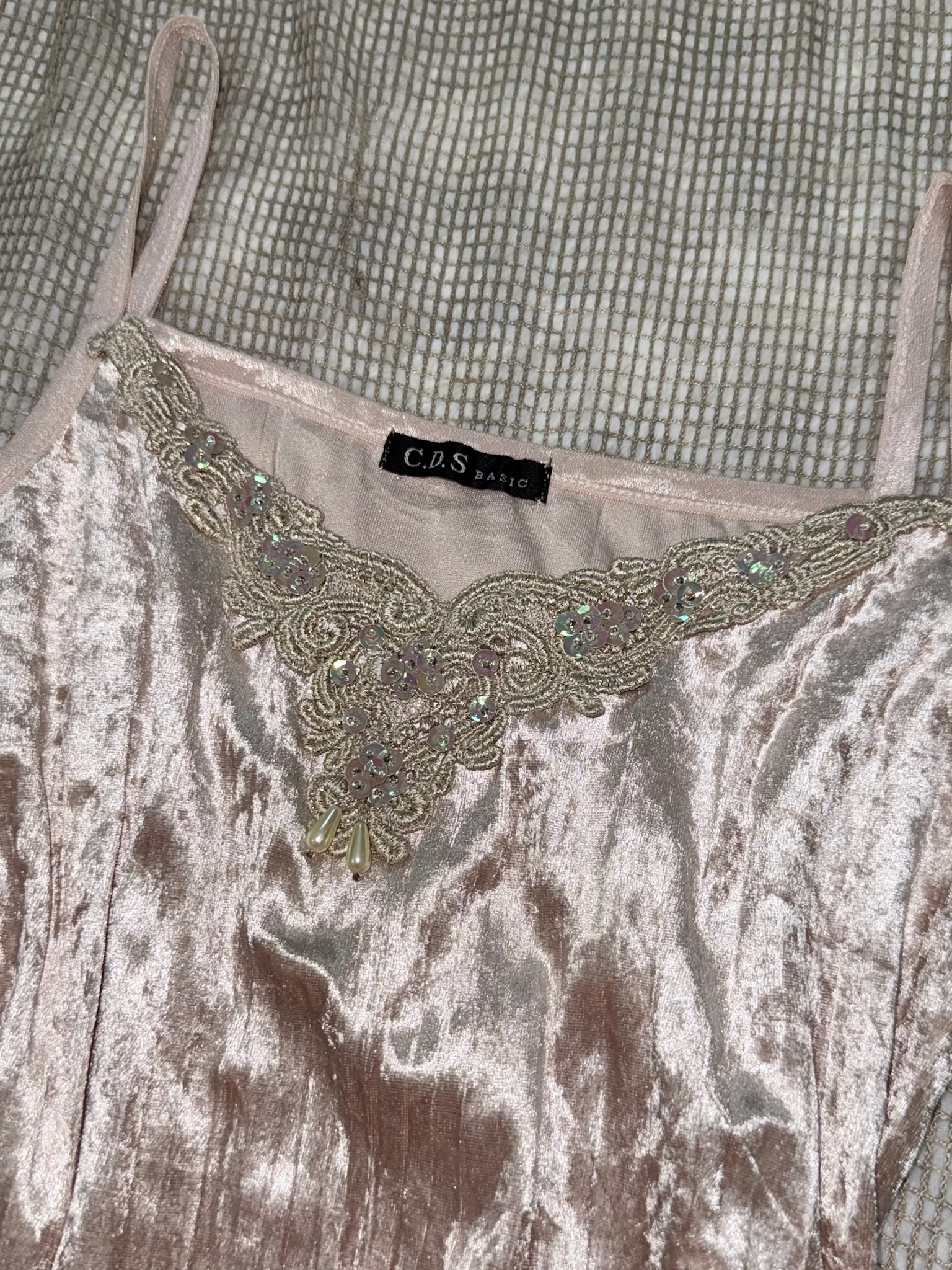 Vintage Pink Crushed Velvet Camisole with Embroidered Sequin Trim