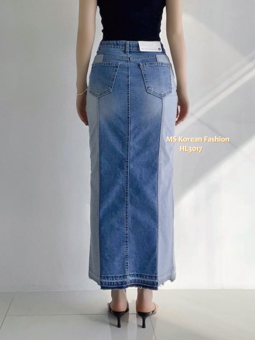 HL3017 韓國🌼Howluk前開叉拼色中長牛裙