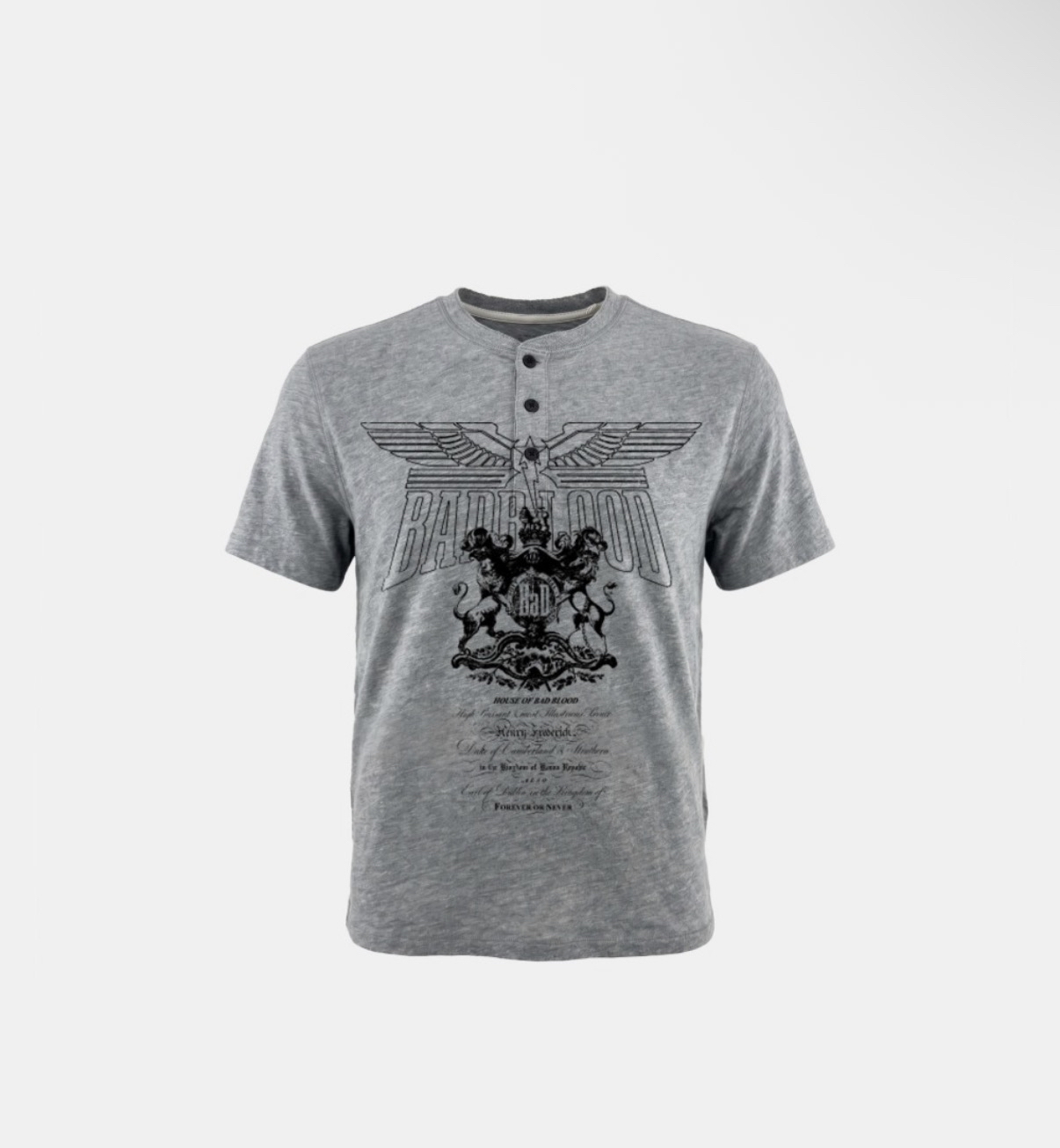 BADBLOOD新款[w-tee26-169] Lion Crest Print 1/2 Henley T-Shirt - Gray