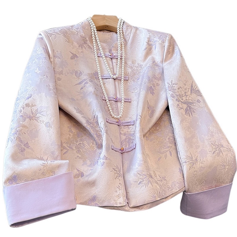 B55(9933) 新中式东方古韵蝴蝶花叶提花卷边袖紫外套上衣