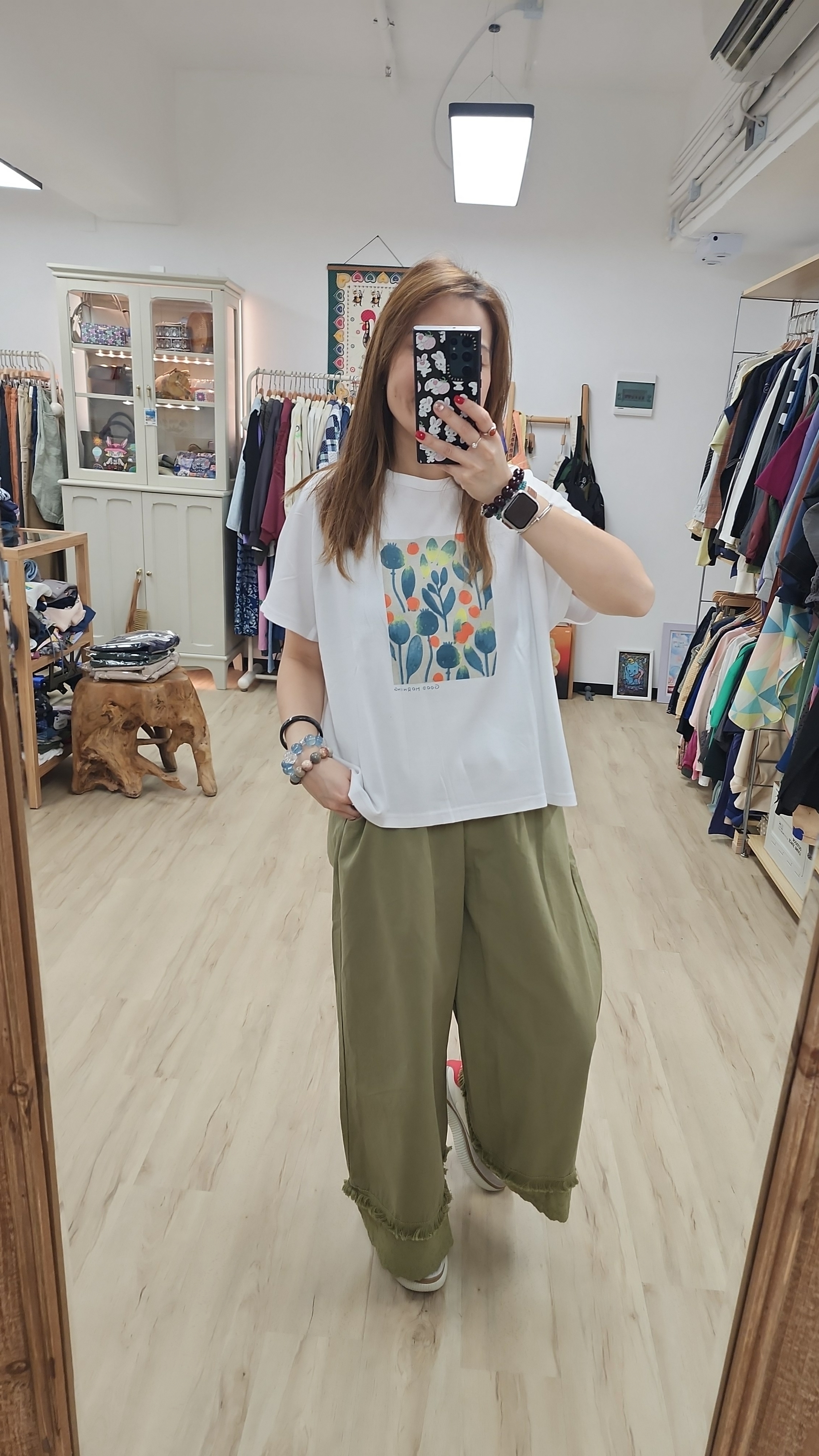 韓國抹茶綠蘇蘇刺繡橡筋棉麻褲