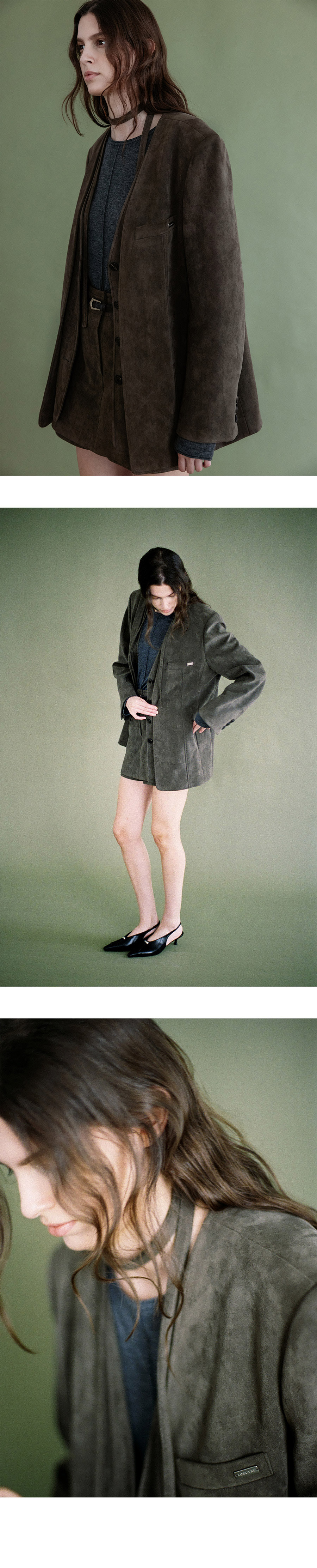 LOEUVRE Suede Layered Vest Jacket 麂皮假兩件層次無領西裝外套