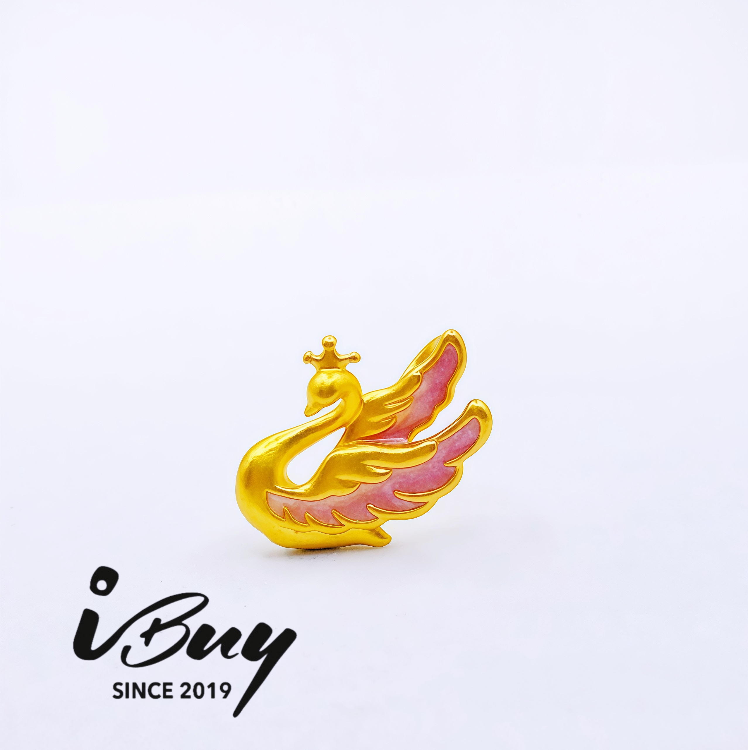 999 GOLD CROWN PINK ENAMEL SWAN PENDANT 999 金 粉色珐琅王冠天鹅吊坠