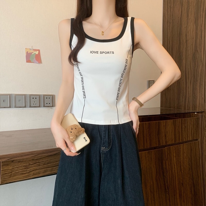 B247(16119) 美式LOVE SPORTS 撞色边小字体显瘦边黑白背心 