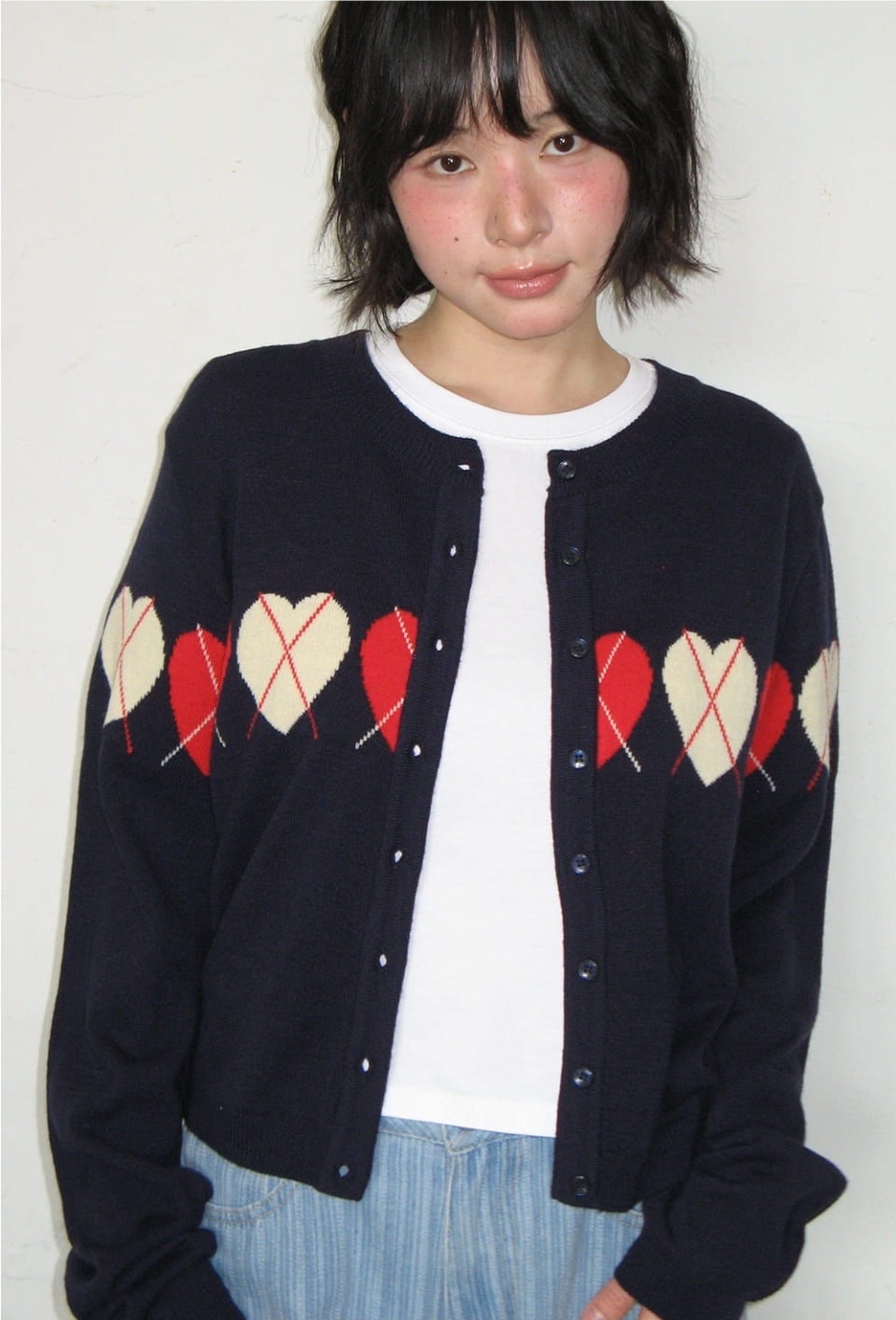Ron Ron Heart Argyle Line Knit Cardigan