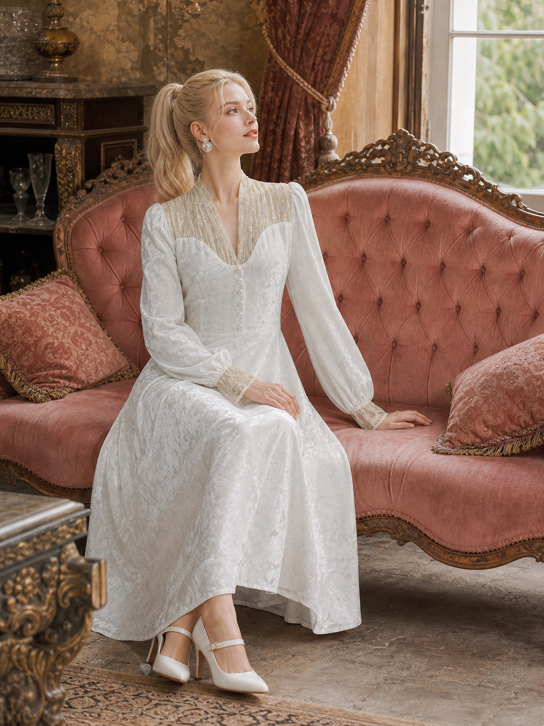 月光下的維多利亞 ∙ 維多利亞復古蕾絲拼接絲絨禮服 Moonlit Victorian Serenade ∙ Vintage Lace-Panel Velvet Gown
