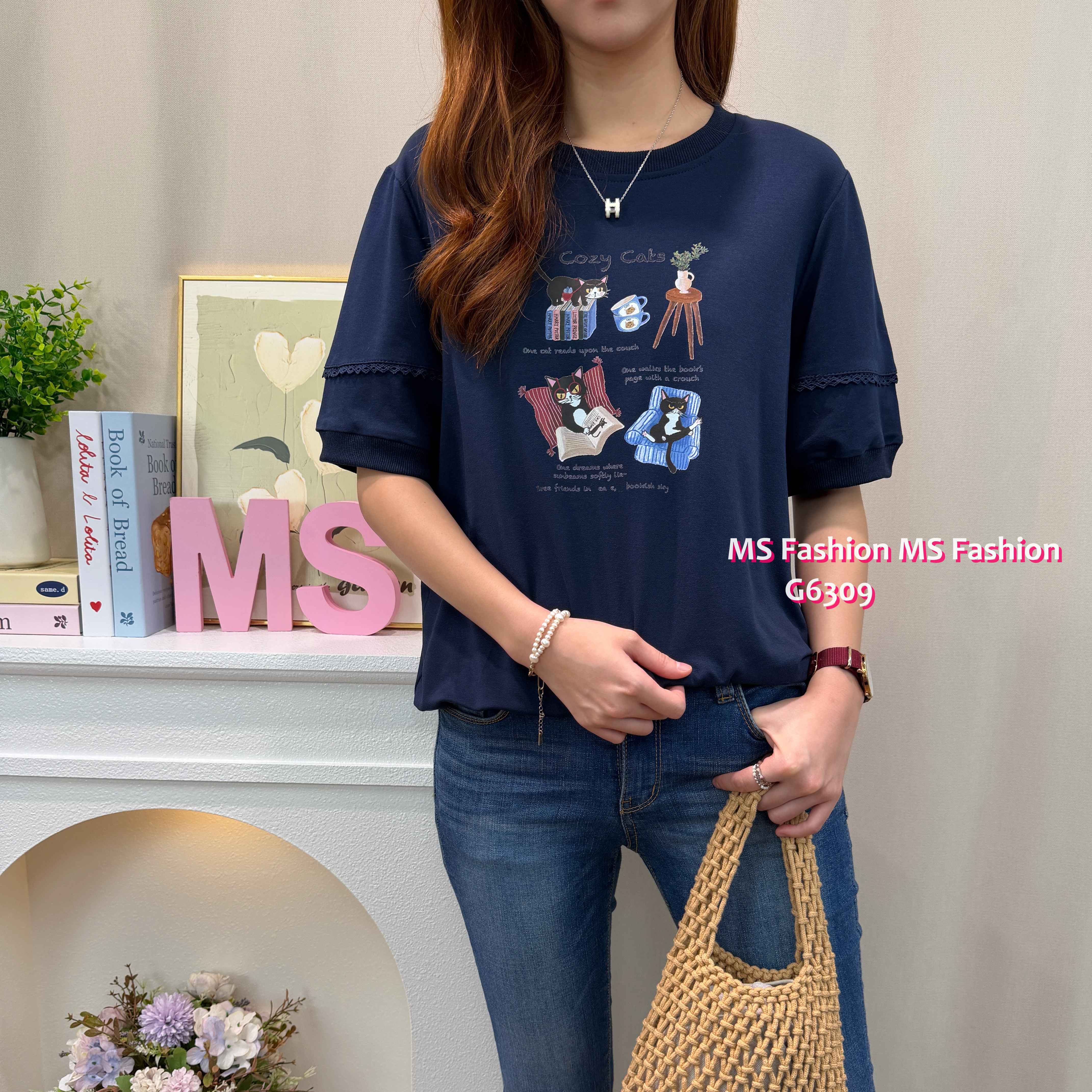 G6309 可愛黑貓花邊袖top