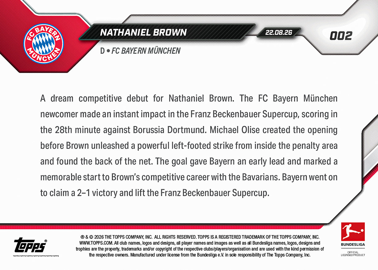 Nathaniel Brown - 2026/27 Bundesliga Topps NOW® #2 Bayern München 新星卡【團購】