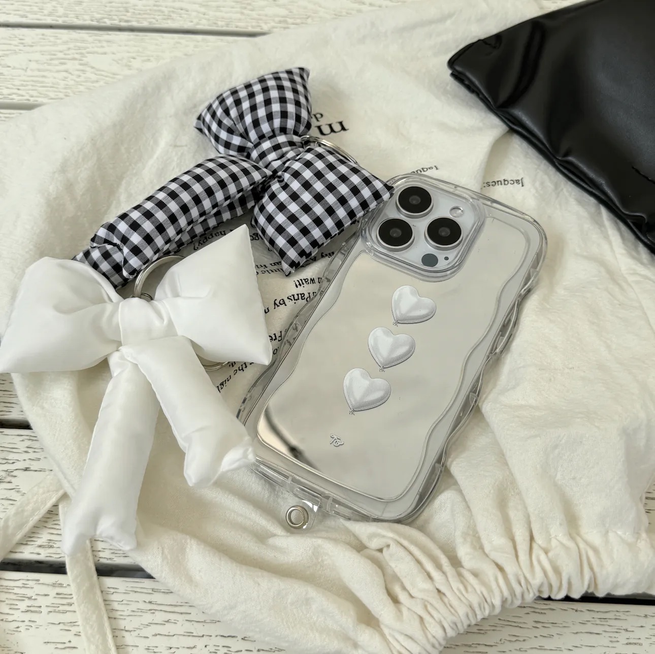 Phone Charm Set｜布款大蝴蝶結掛飾*黑色格子*