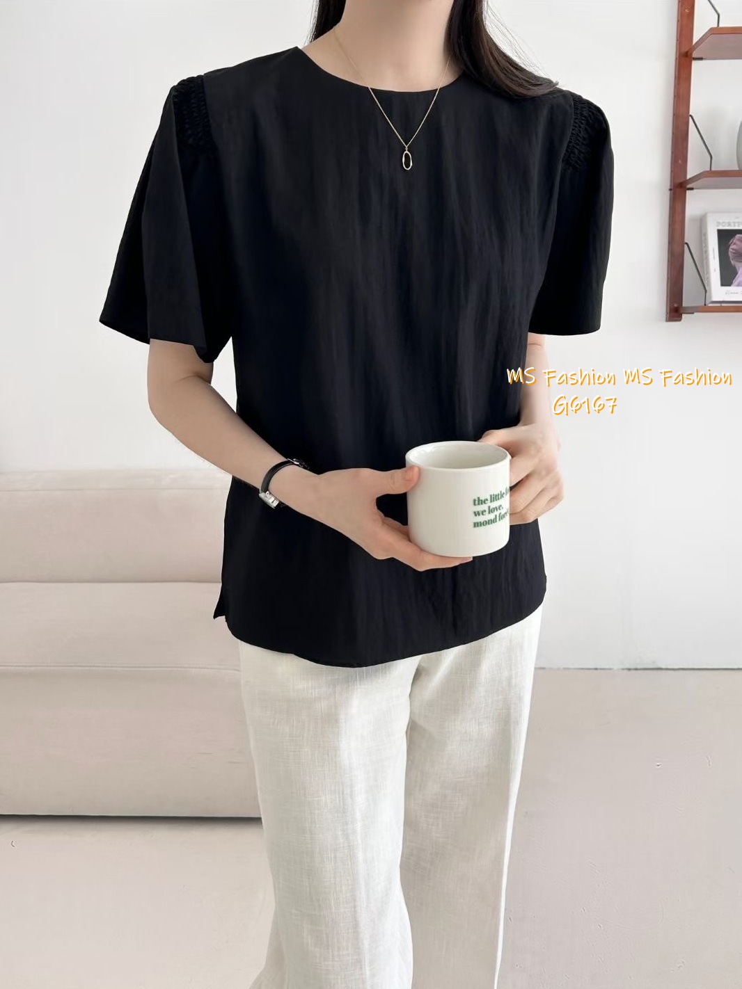 G6167 韓國🇰🇷淨色肩皺摺top