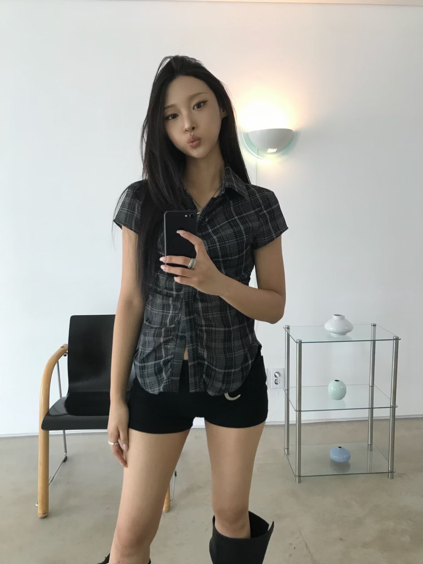 Plaid Shirred Button-Up Blouse