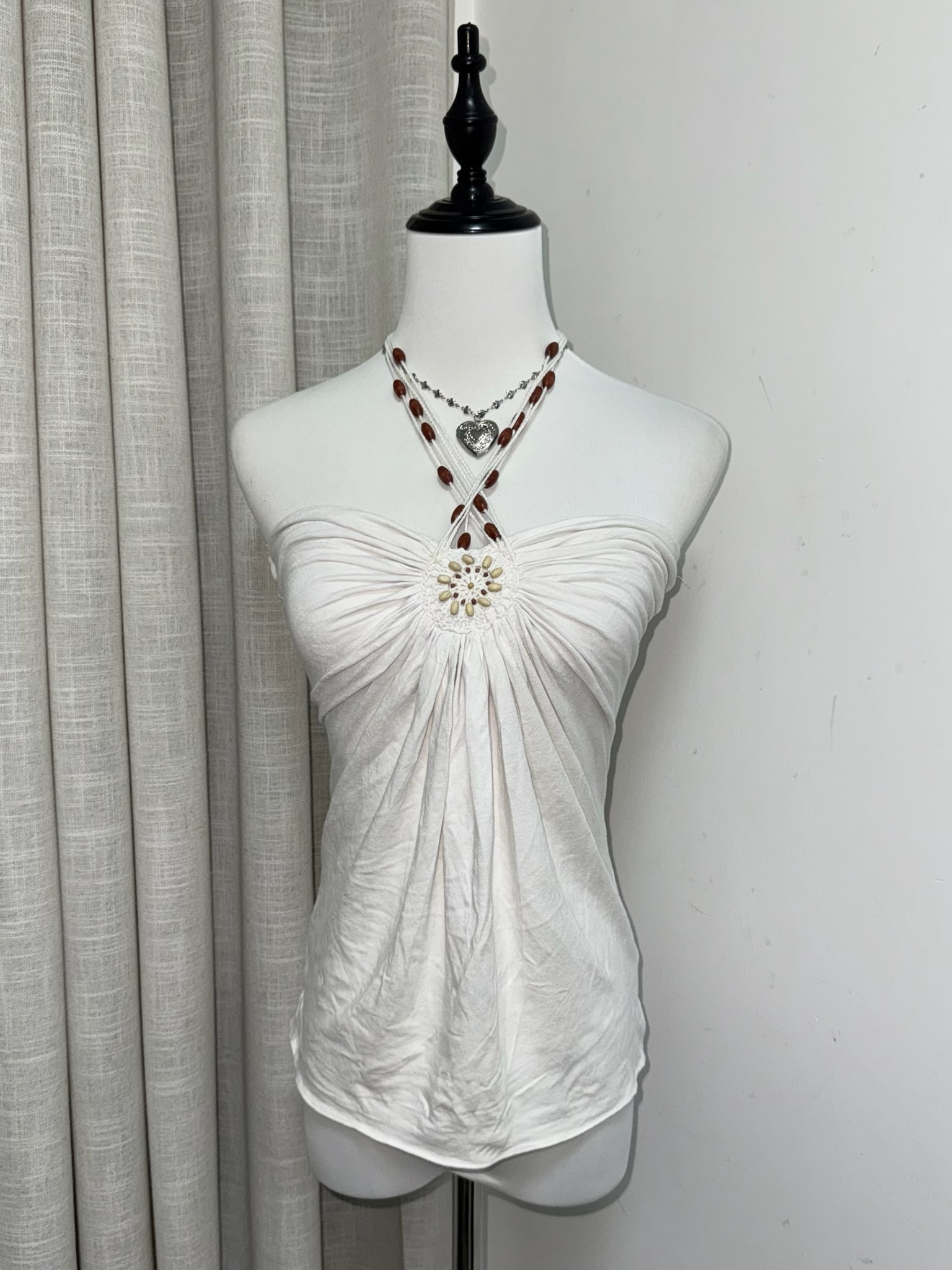 White Halter Neck Top with Center Beaded Sunburst Detail and Ruching
