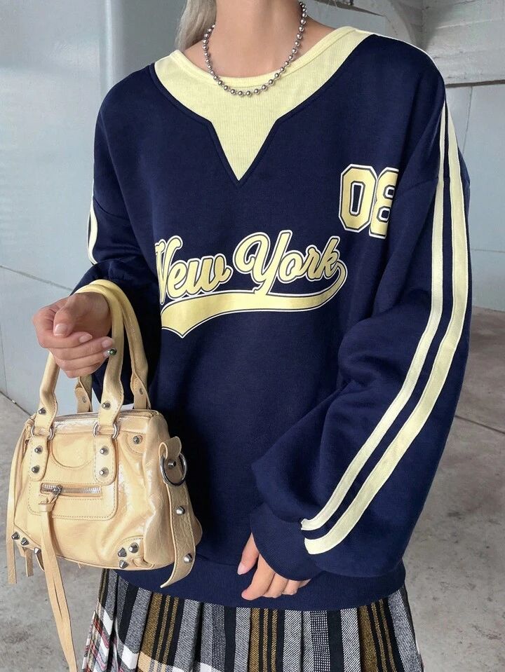 復古學院風紐約字母撞色V領套頭衛衣