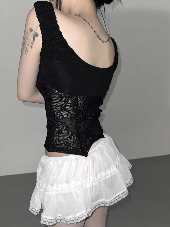 Ruched Sheer Lace Panel Corset Top