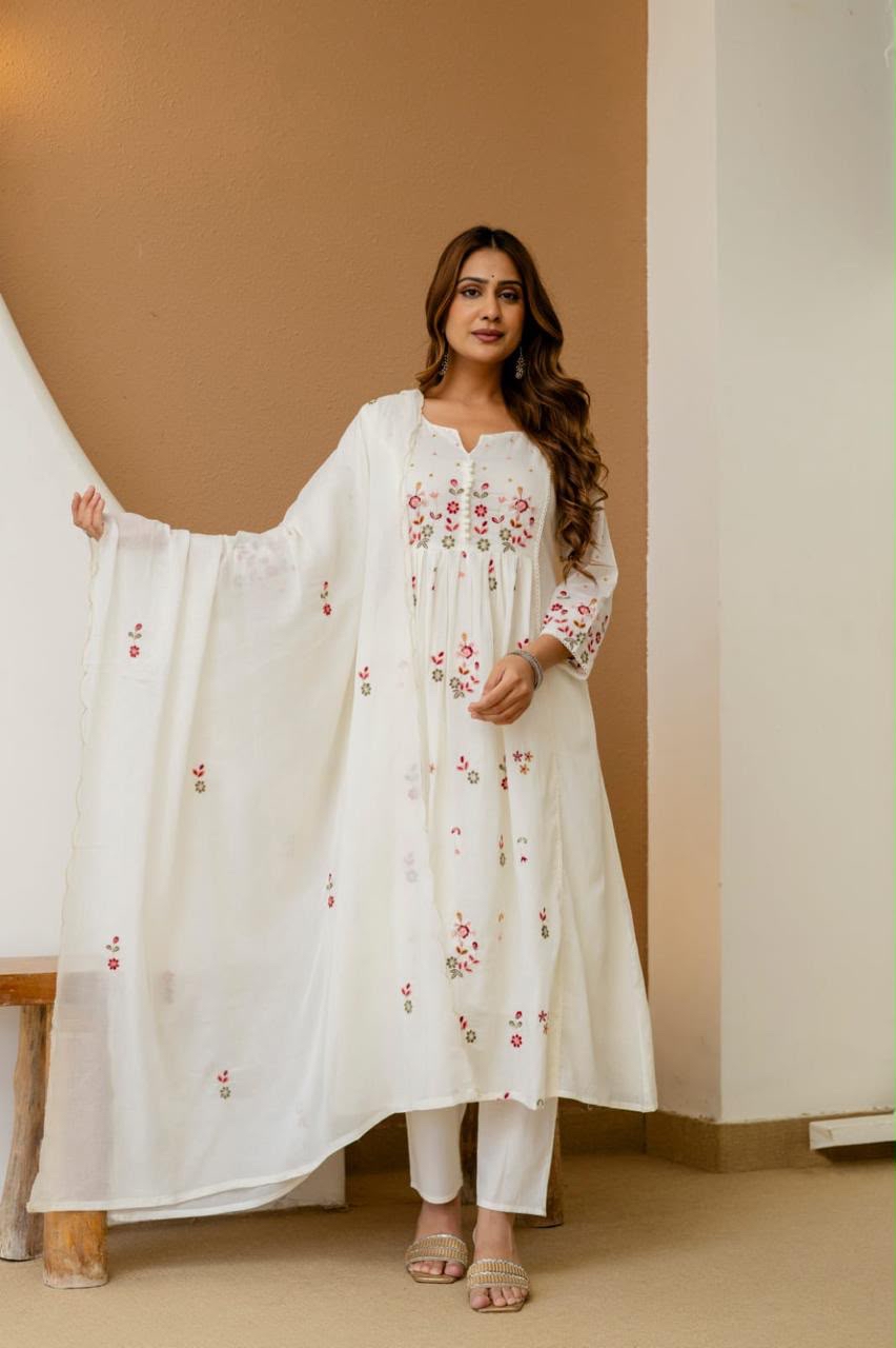 Pure White Embroidered Floral Print Kurta Set