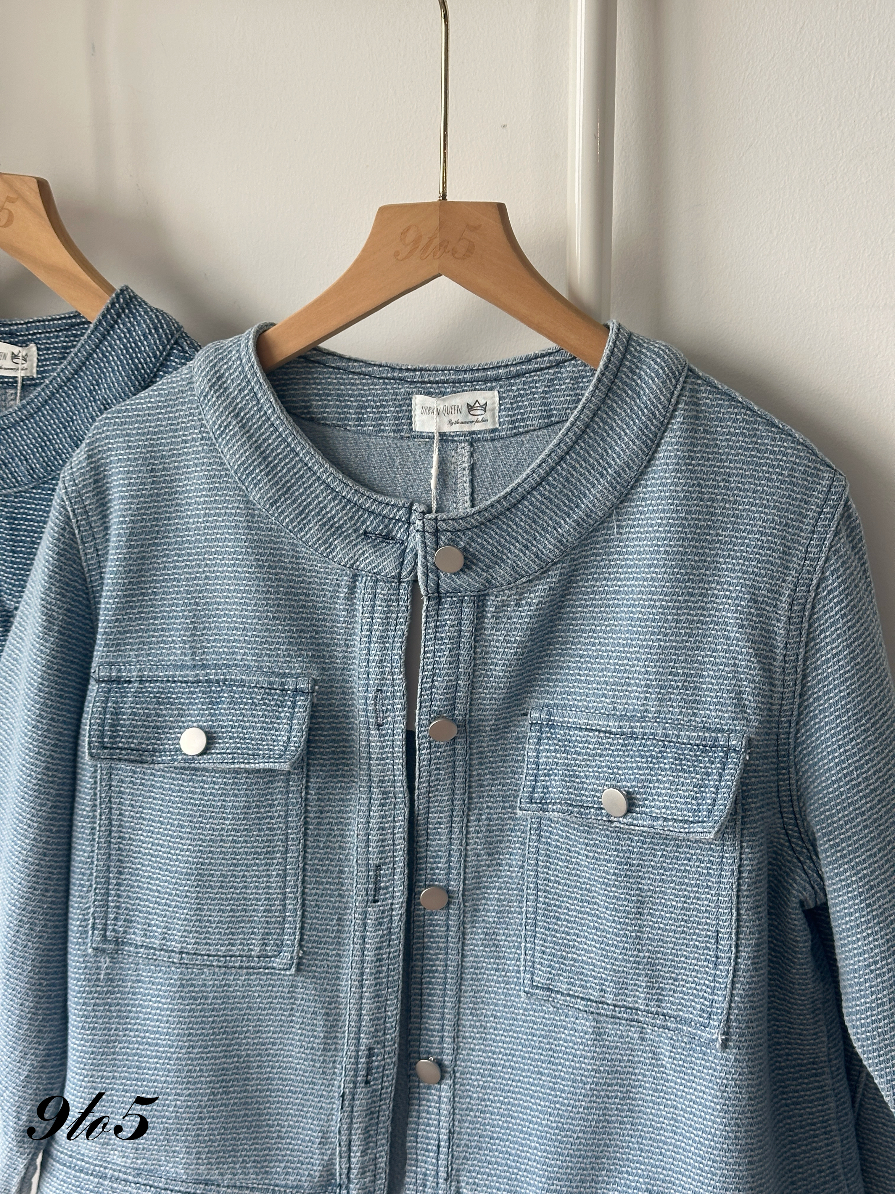 T4165 Tweed Style Denim Jacket - Dark Blue & Light Blue