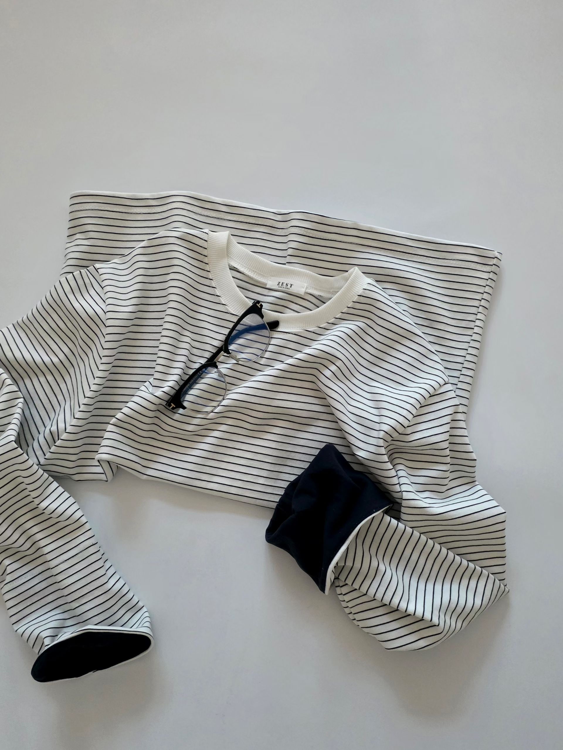 拼色摺袖間條top