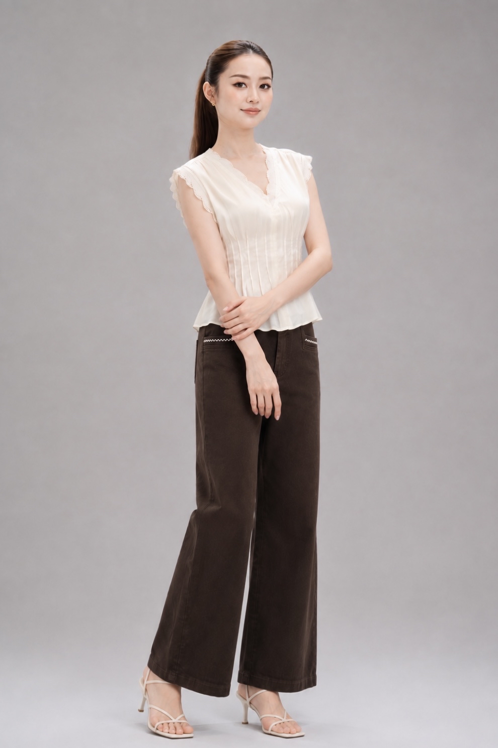 28034 Lace Trim Pleated V-Neck Blouse