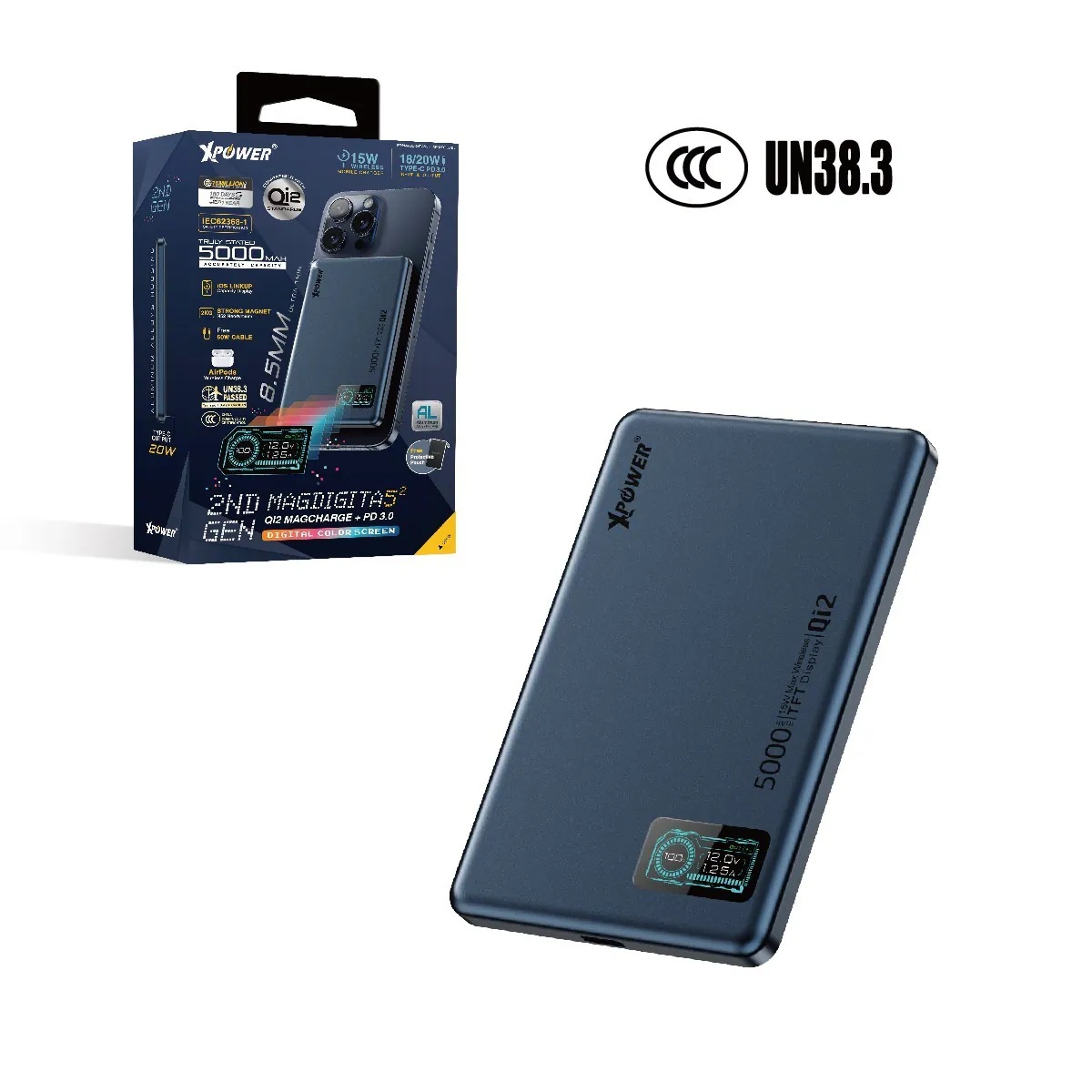 (3C認證版)(鋁合金面)XPower MagDigita5² 第2代彩屏顯示磨沙玻璃外殼 5000mAh PD3.0+QI2 磁吸移動電源