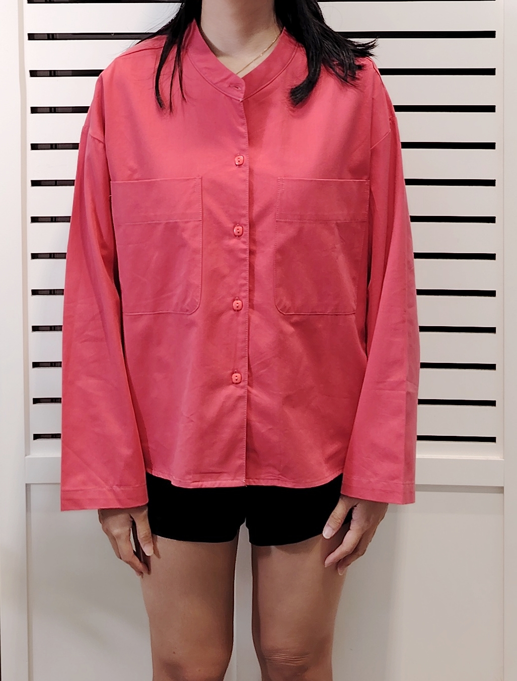 H1010 Medium Collar Long Sleeve Shirt Double Pocket 