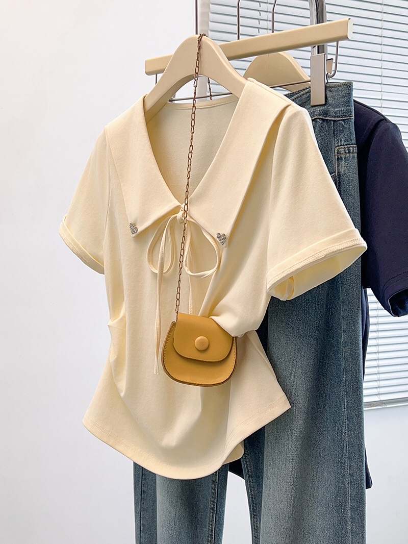 B212(36905) 韩版甜美风蝴蝶结系带大翻娃娃领边爱心扣褶皱腰蓝杏上衣