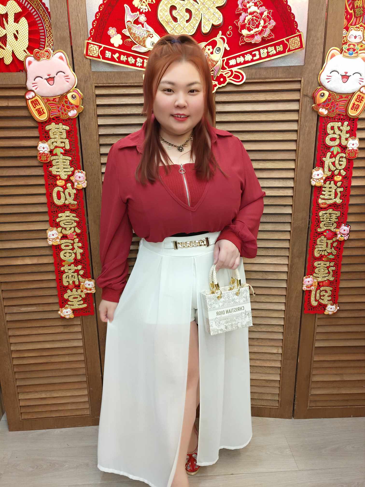 TW#5856 拼金链条开叉设计长裤裙