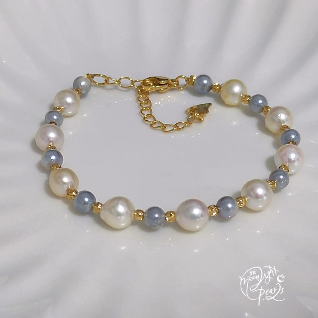 特價品‼️近圓極強光日本akoya 微糖果色珍珠+baby真多麻珍珠注金尾鍊扣時尚手鍊