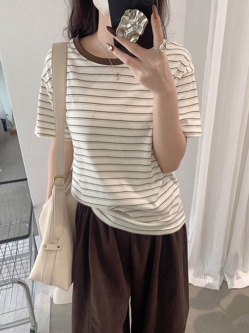 装色条纹短袖宽松Tee