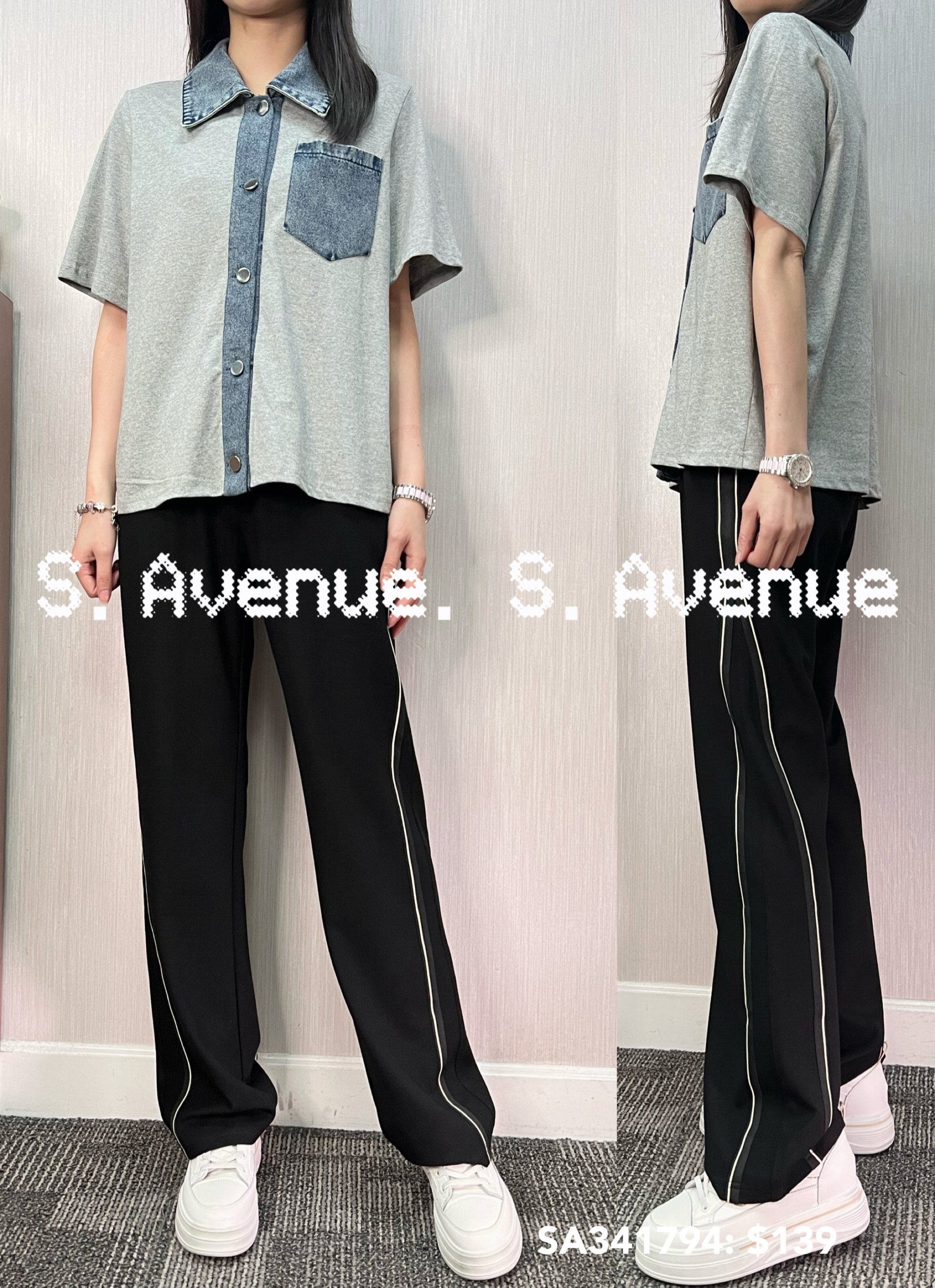 SA341794: 短袖有領牛仔邊有鈕top