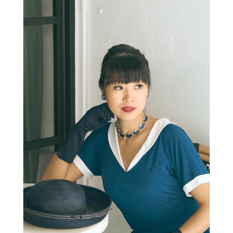 (SOLD OUT)1950s Style Two Way Roll Over Collar Jersey Two-Tone Swing Dress (FM180)