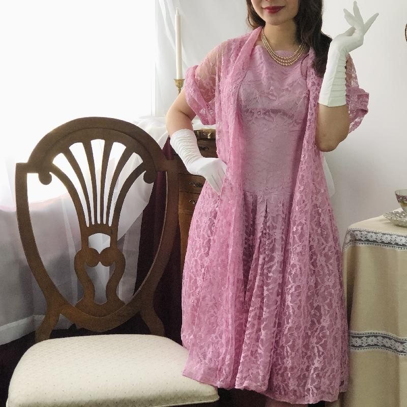 RARE! 1950s Soft Pink Lace Twin Set from Canada- Fit & Flare Dress with Outer(MT891)