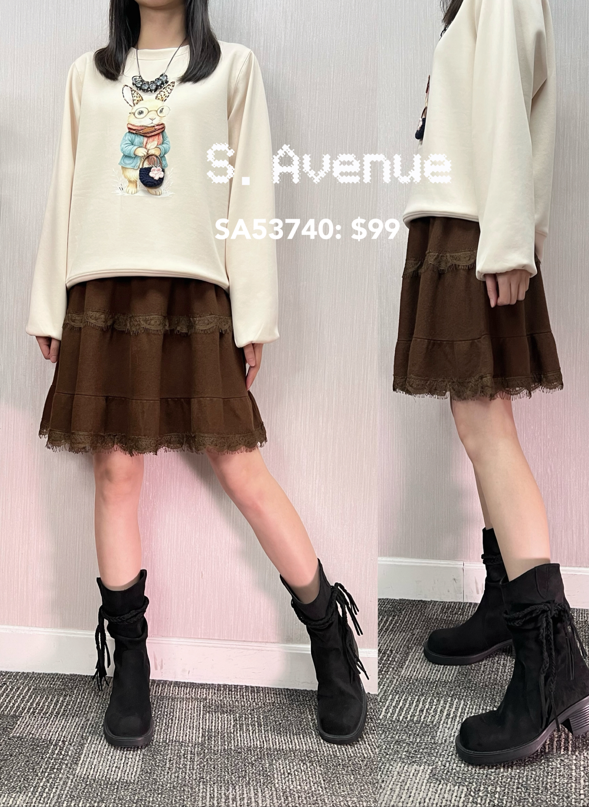 SA53740: 橡筋腰拼lace A字針織裙