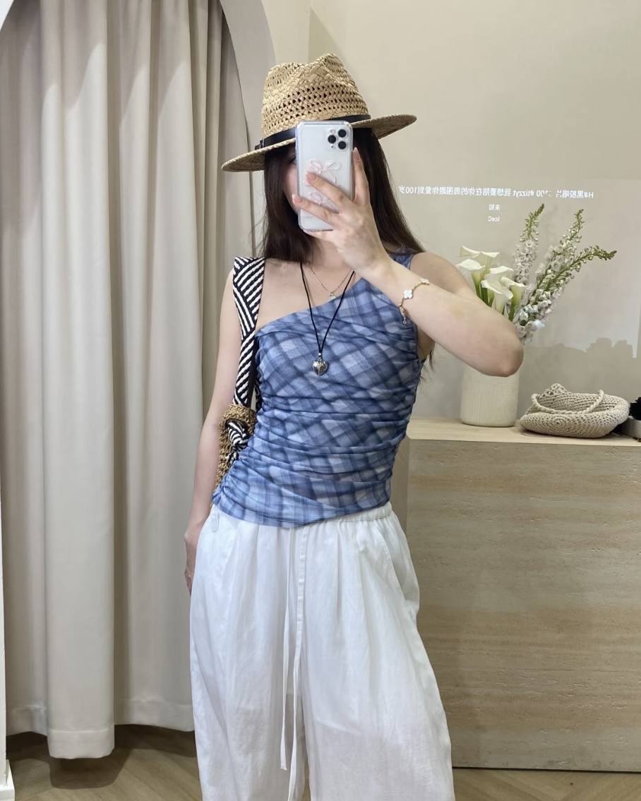 TP412蓝格斜肩上衣