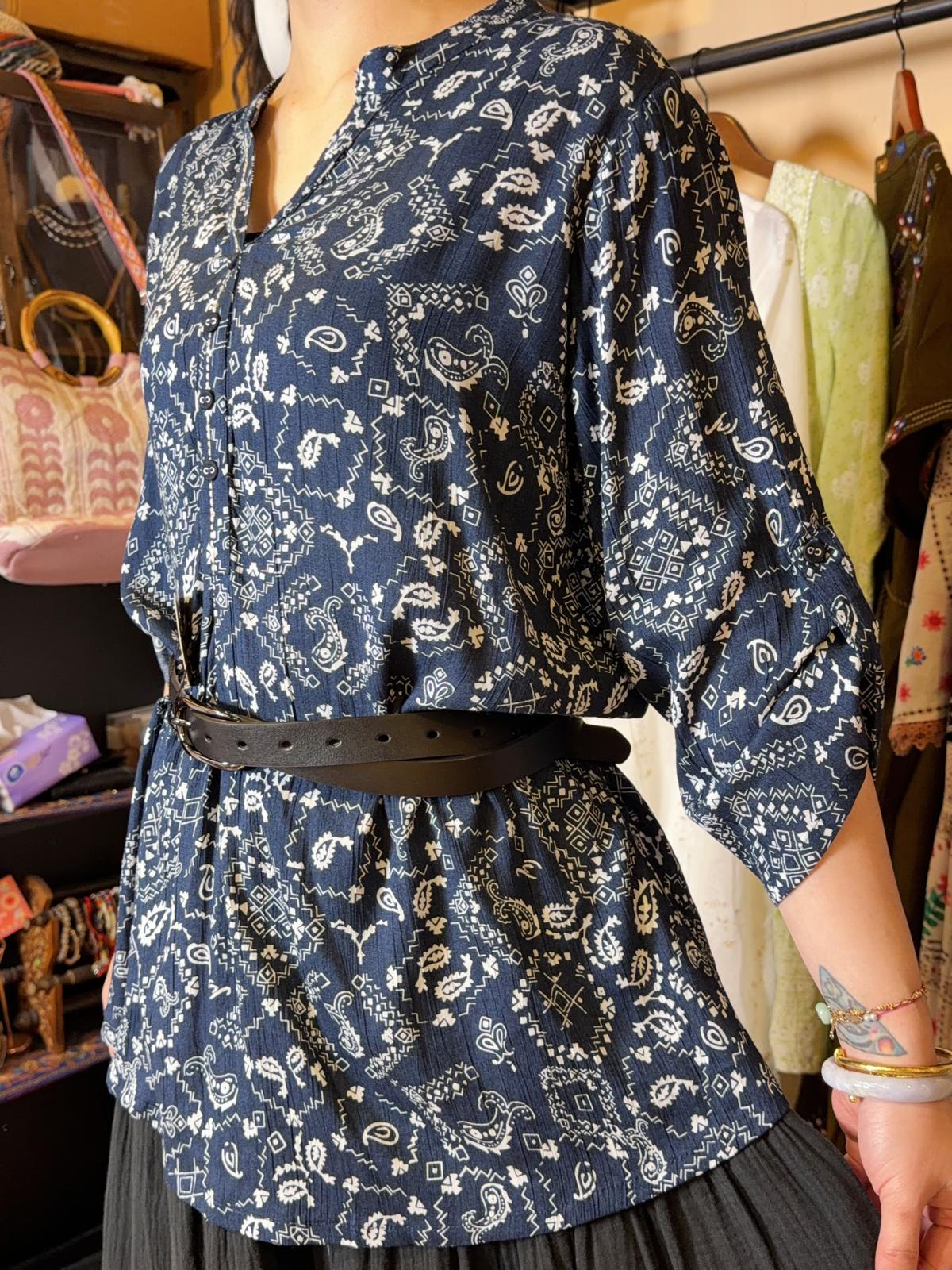 1637 Blue Block Print V-Neck Top