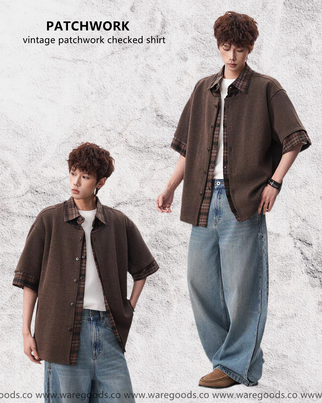 W2712格仔拼接假兩件短袖襯衫