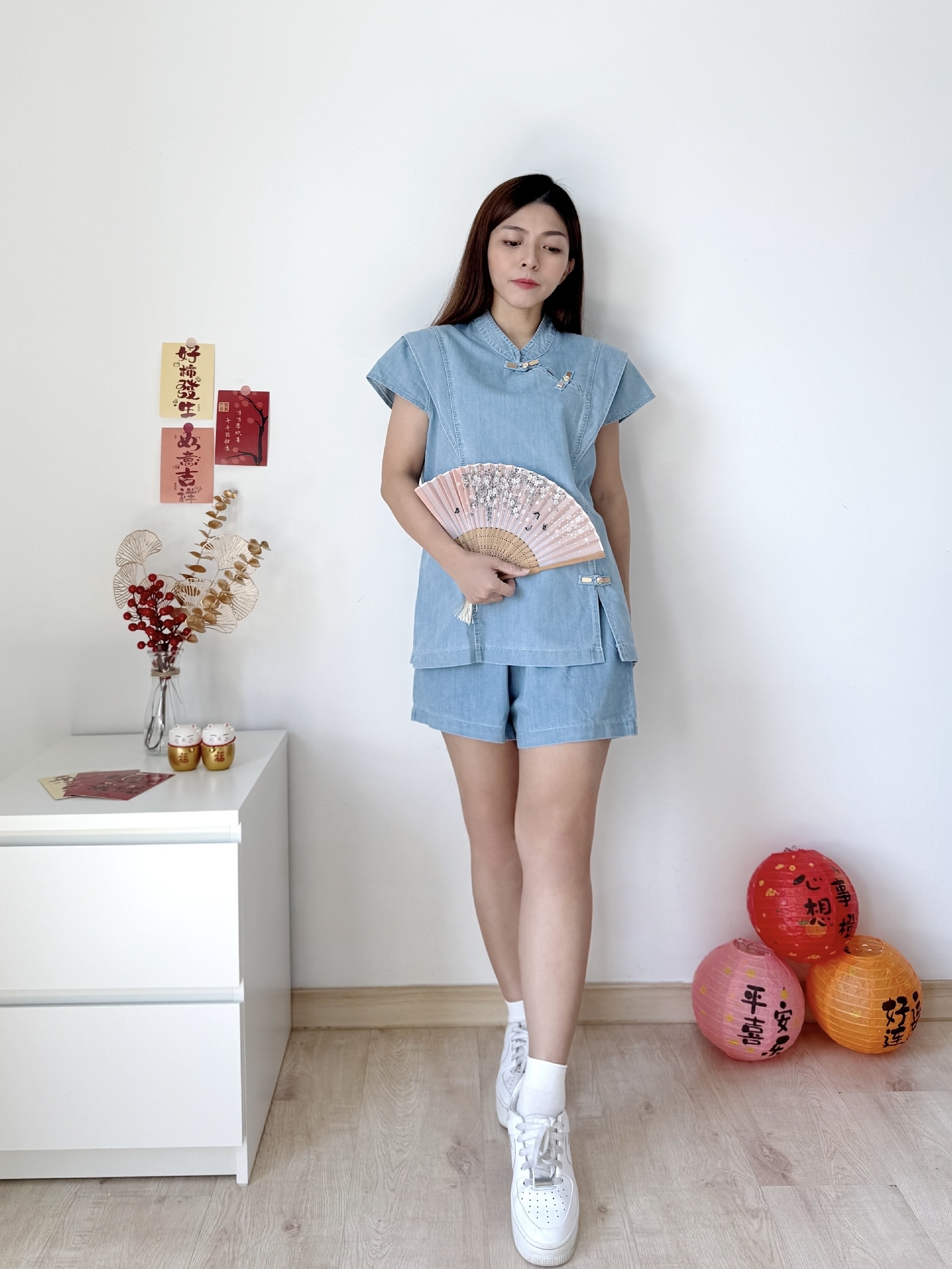 Ru Yi Oriental Denim Set “如.意” 新中式盘扣设计牛仔上衣+短裤套装 (2 Colours)
